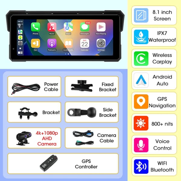 Motorcykel Touch Display, GPS-navigering, Bluetooth-anslutning,8.1 tum DVR_controller