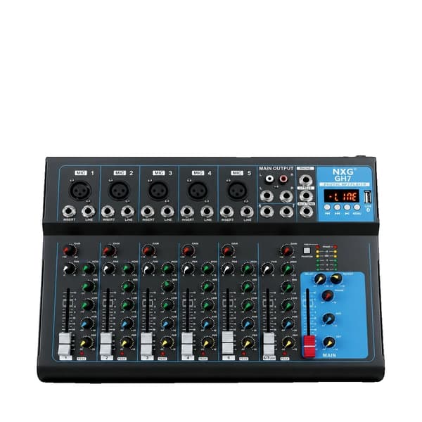 Lydmixer, 7 Kanaler, Bluetooth-forbindelse, 3-bånds equalizer, 48V phantom strøm, kompakt design