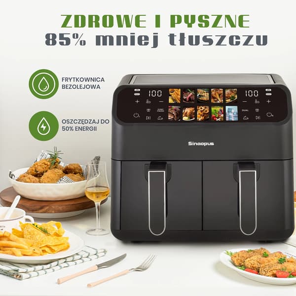 Luftfritös, 9L kapacitet, 2000W effekt, temperaturintervall 80-200°C, LED-touchpanel, 10 matlagningsprogram