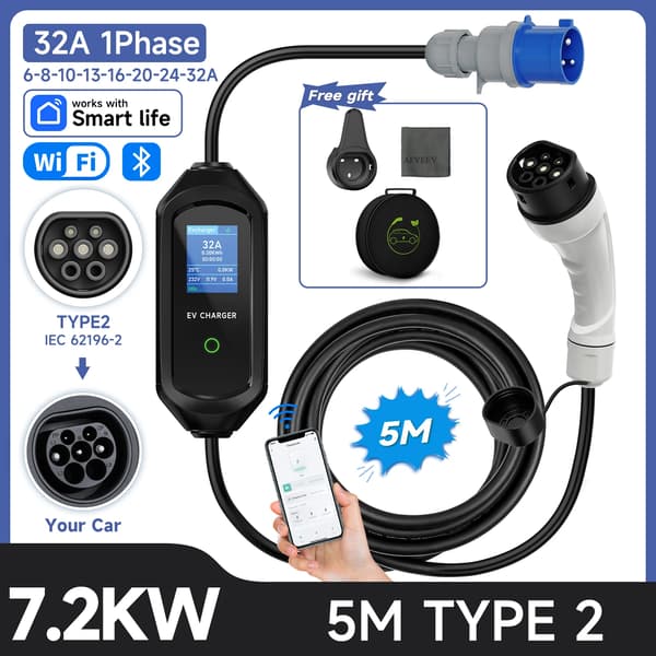 Elfordonladdare, 7,2 kW effektutgång, smart appkontroll,VIT
