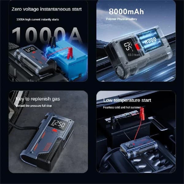 Bilstartbatteri, 150PSI luftkompressor, 8000mAh powerbank, 8000mAh