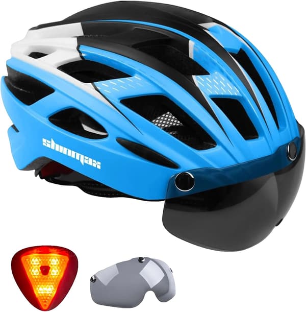 Cykelhjelm, LED-lys, Magnetiske briller,Blå, XL