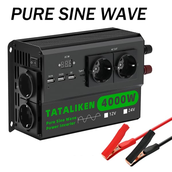 Inverter, 4 EU stik, Auto termostat blæser,4000W EU-sort