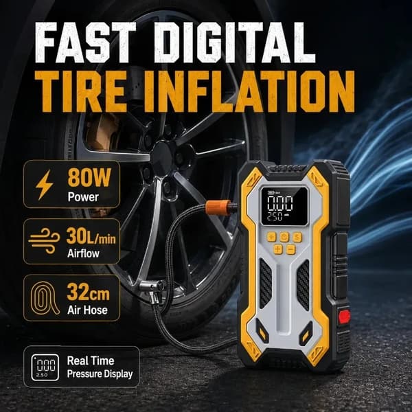 Nødstart, indbygget dækpumpe, LED-lys,30000mAh