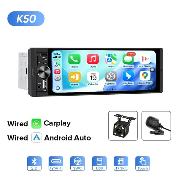 Carplay, Touchskærmsinterface, Multimedieunderstøttelse,K50 Kablet Carplay+MIC+Kamera