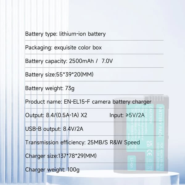 Batteri, 2500mAh kapacitet, kompatibel med digitala systemkameror, 2PCS Batteri