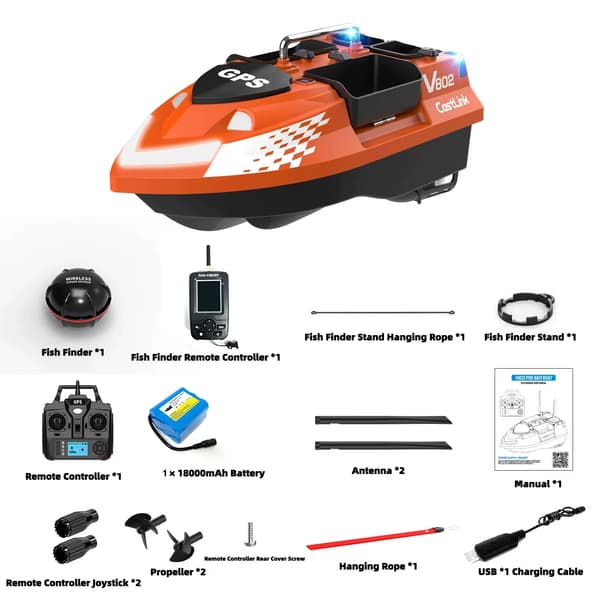 Bait Boat, GPS Navigation, 500m Rækkevidde,V802Pro-Orange-Sonar