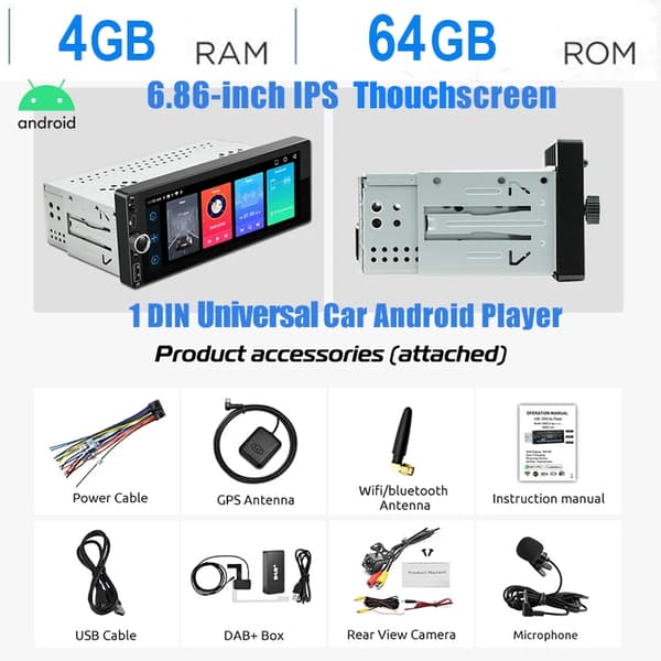 Bilstereo, Pekskärm, USB Typ-C-ingång,4-64G DAB 12CAM MIC
