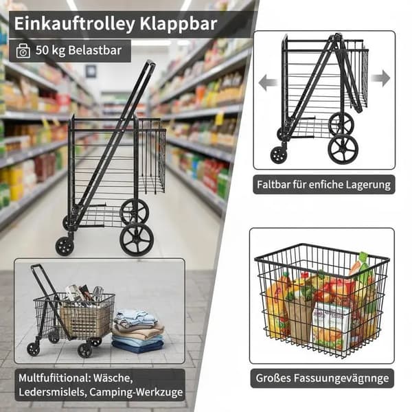 Shoppingvagn, Fällbar Design, Hög Lastkapacitet, svart