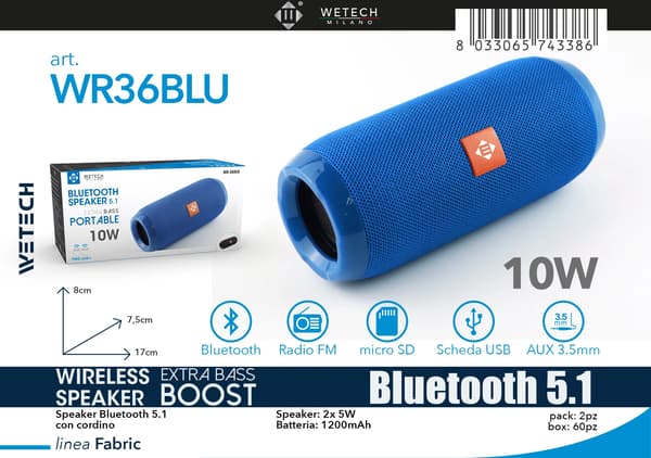 Bluetooth Højttaler, Ekstra Basforstærkning, Bærbart Design,WR36BLU