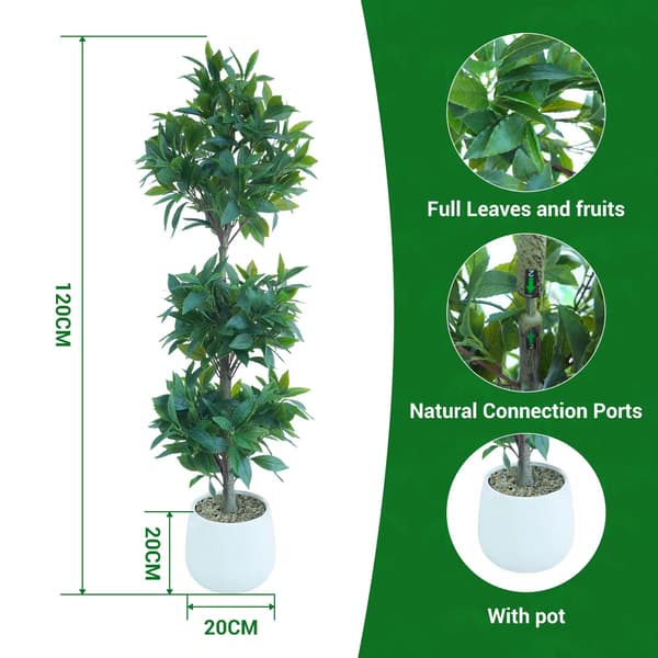 Kunstig Laurus Træ, Triple Kugle Topiary, UV Resistens Dekor,Hvid Pot