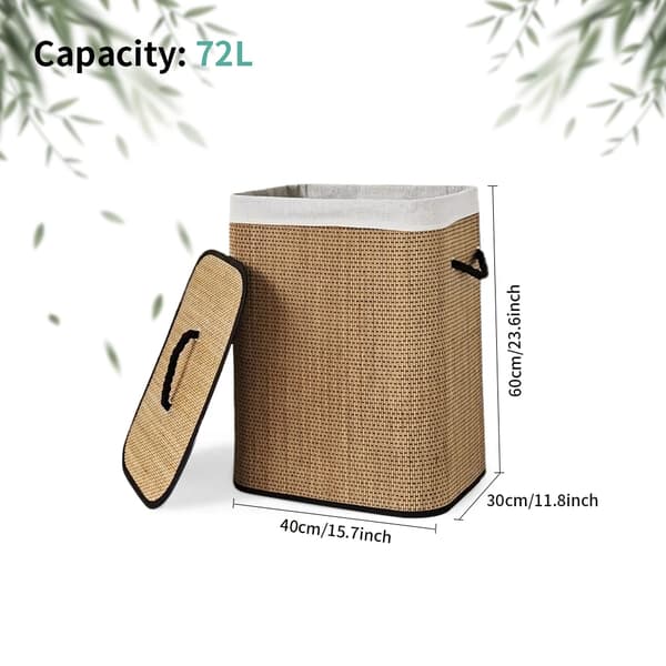 Tvättkorg i bambu, vändbar design, luktkontrollerande lock, 72L