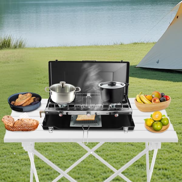 Campingkomfur, 3 Brændere, Sammenklappeligt Design,sort