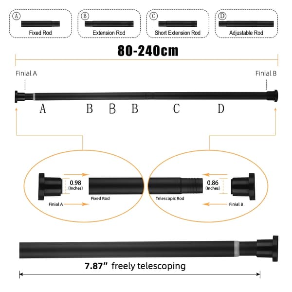 Bruseforhængsstang, Justerbar Længde, Teleskopisk Design,sort80-240CM