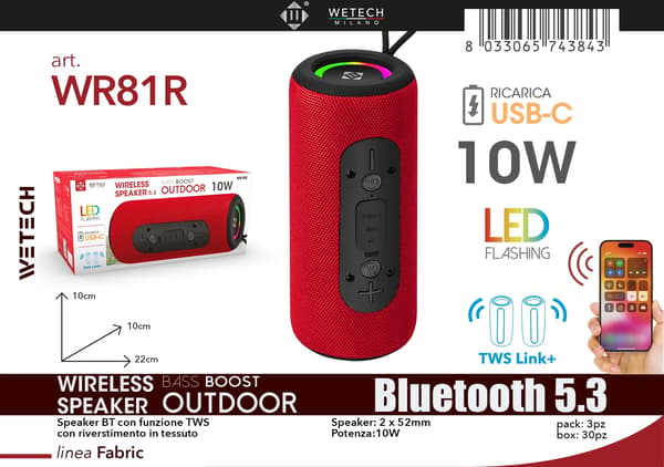 Bluetooth-kaiutin, 10W Teho, TWS Stereo Link,WR81R