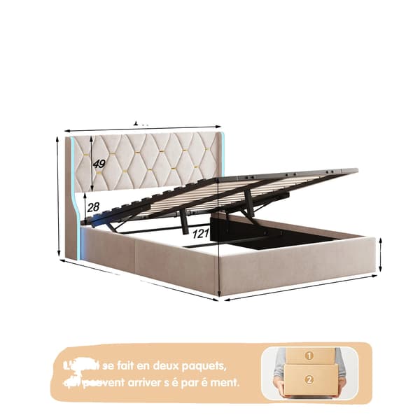 Sengestel, LED-lys, hydraulisk opbevaring,Beige-140x200cm
