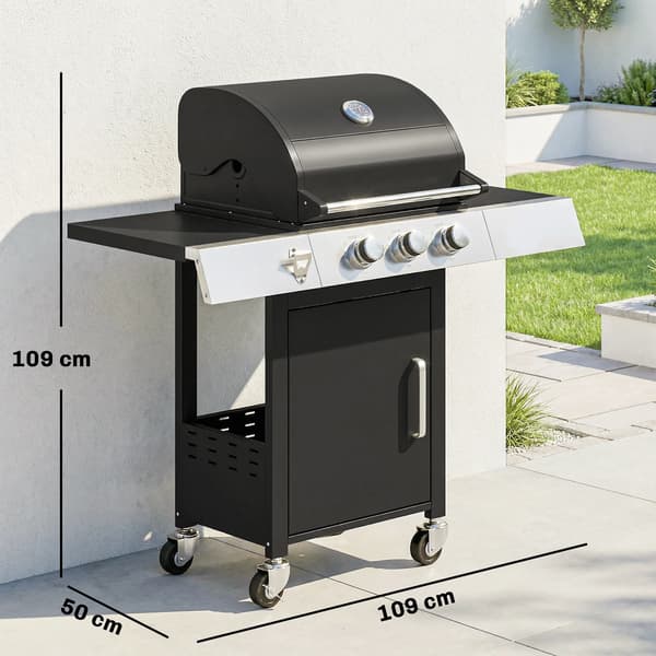 Gasgrill, 3 brændere, integreret termometer,sort