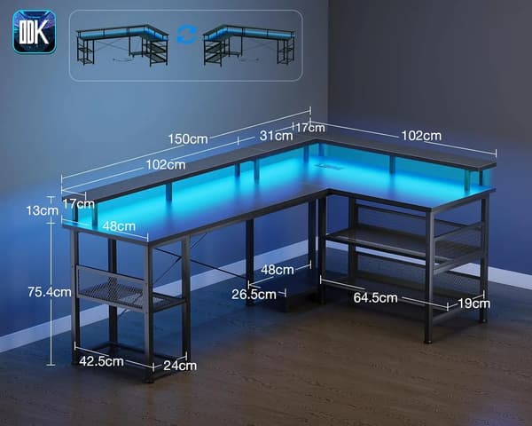 Gamingbord, Vendbart Design, Integreret Strømforsyning,sort