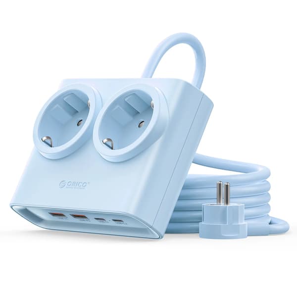 Strømstik, 2 AC-stik, 2 USB-porte,25W EU Blå