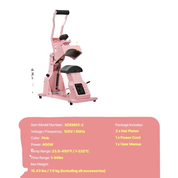 Hatt Värmepressmaskin, Dubbel Plattor, Precise Temperaturkontroll,Rosa 2i1