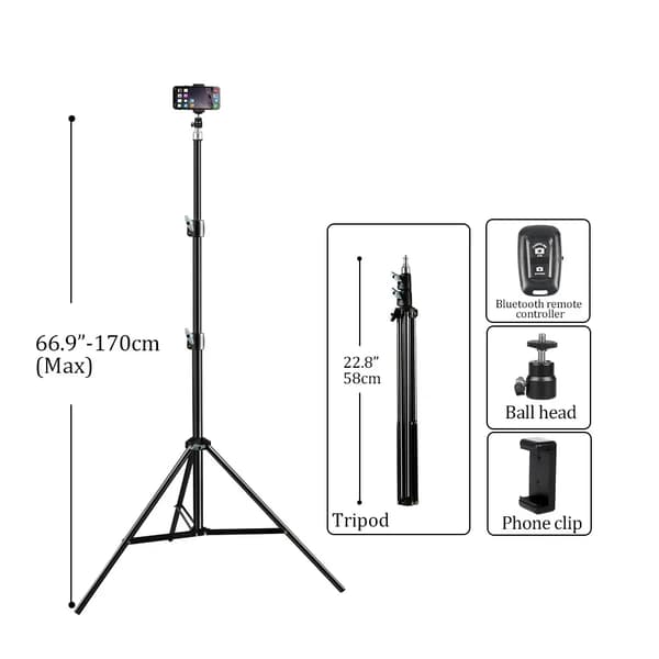 Selfiestativ, Justerbar Höjd, Bluetooth Kontroller,170cm