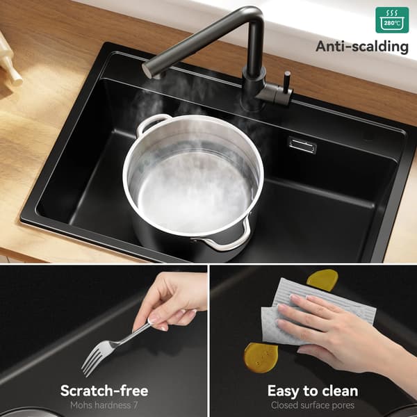 Køkkenvask, Komposit Granit, Enkelt Skål Design,Sort
