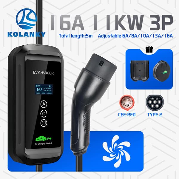 Bærbar EV-lader, Justerbar strøm, Alsidige tidsmuligheder,HIMMELBLÅ