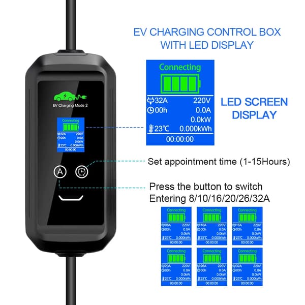 Bärbar EV-laddare, 7,2 kW effekt, justerbar ström,Typ2