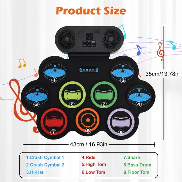 Elektronisk Trommesæt, 9 Pads, Bluetooth og MIDI Kompatibilitet,sort
