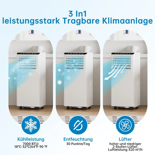 Aircondition, 7000 BTU køling, affugtning,EU