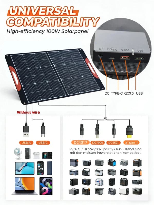 Solpanel, 100W Effekt, Bärbar Design,1PCS  100W