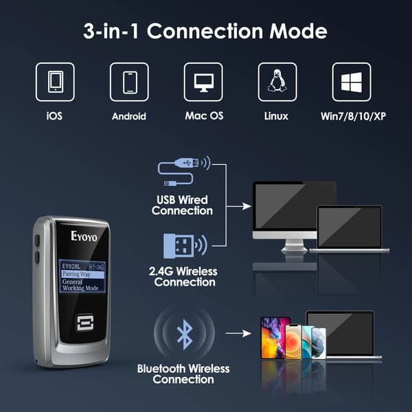 Streckkodsläsare, Bluetooth-anslutning, Kompakt design,EY-028P Blå 2D