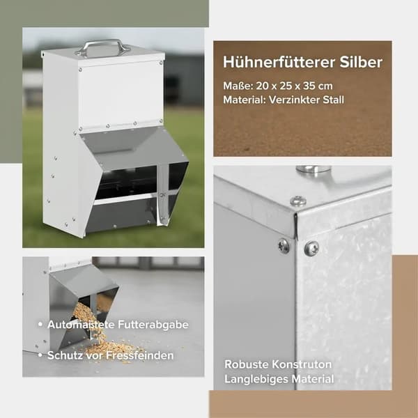 Hönsfoderautomat, Galvaniserat Stål, Hållbar Konstruktion,armégrön