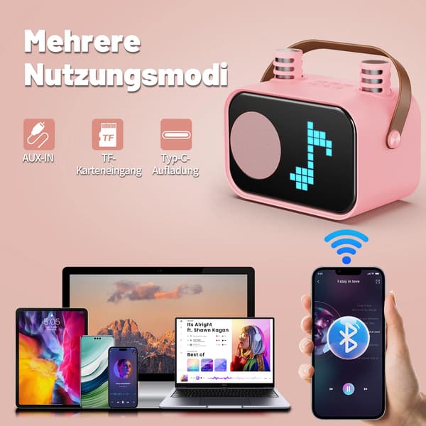 Karaoke Maskine, Bluetooth Forbindelse, Dobbelt Trådløse Mikrofoner,pink