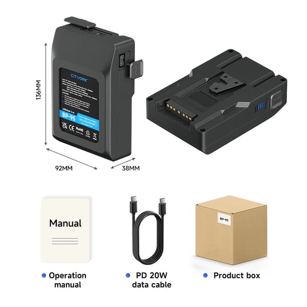 V-Mount Batteri, Hög Kapacitet, OLED Skärm,BP-95 6600mAh