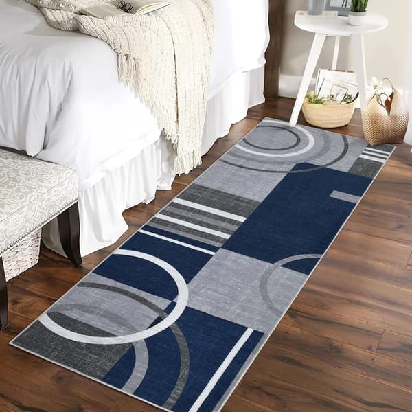 Løber, Geometrisk Design, Skridsikker Bagside,Mørkeblå 60×230cm