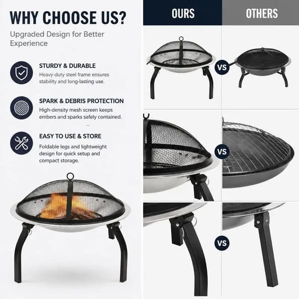 Bålsted, 2-i-1 Grill, Bærbar Udendørs Design,Argent