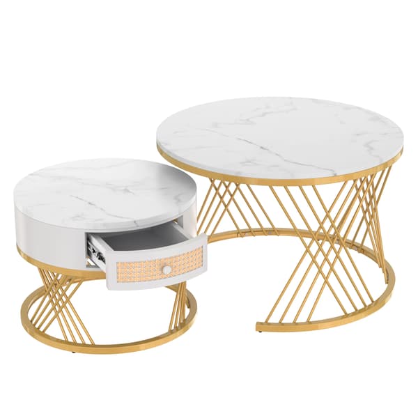 Kaffebord Set, Rund Design, Minimalistisk Stil,Vit + Guld + MDF