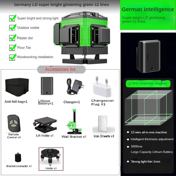 Lasernivå, Multi-linjedesign, Hög synlighet gröna strålar, Grön 12 linjer