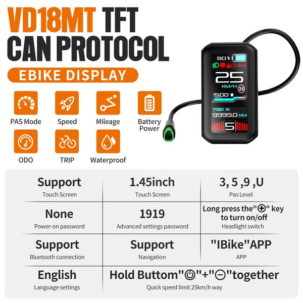eBike Display, 4-tommer TFT-skærm, vandtæt design,VD18MT  (  CAN Protokol ) Top