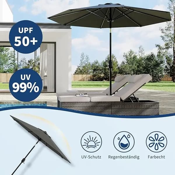 Haveparasol, UPF 50+ Beskyttelse, Krank & Tilt Funktion,grå