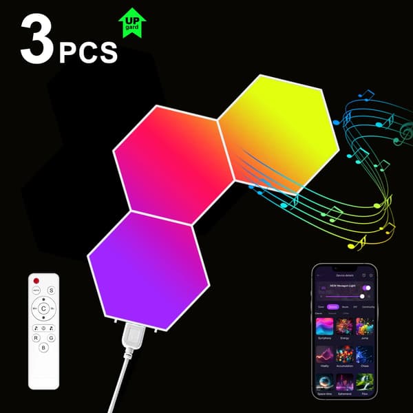 Hexagon Lys, Smart Kontrol, Musik Synk,Hexagon Lys 3PCS