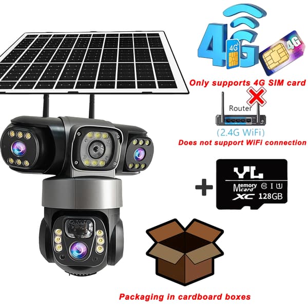 Utomhus säkerhetskamera, tri-lins system, solenergi,4G Kamera med 128G Kort, Typ-C, PAL