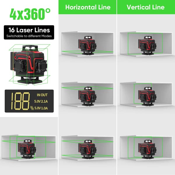 Laser Level, 360-Degree Coverage, Remote Control, 16 Lines + Tripod + Plastic Box