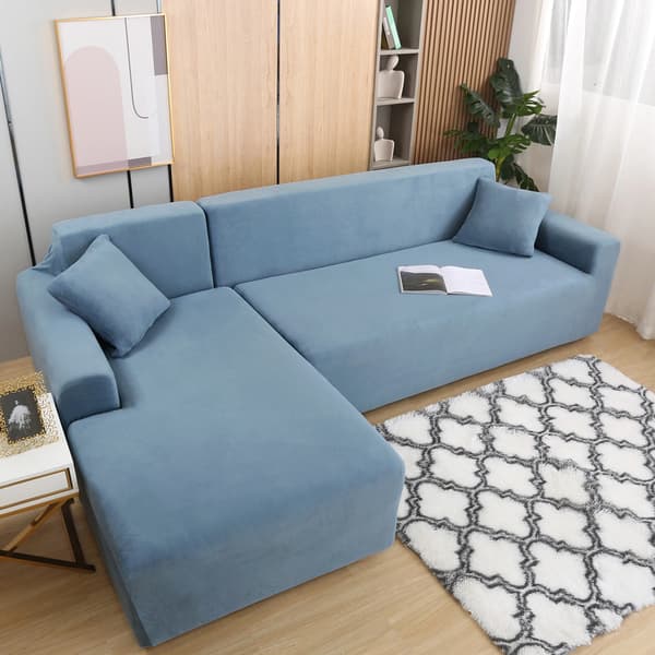 Sammetsoffapåse, L-formad design, högstretchtyg,Grå-blå, 3 Sittplatser-3 Sittplatser-c