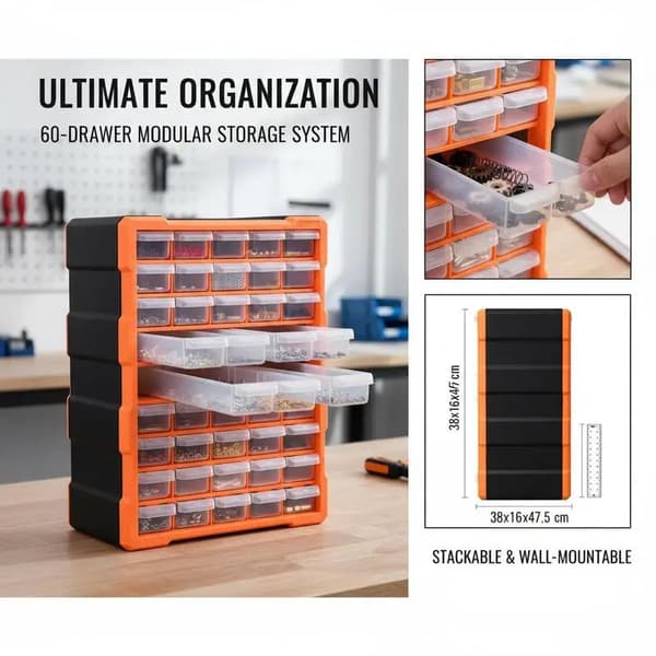 Multi-skuffe Organizer, 60 Rum, Klar Plastkonstruktion,Appelsin