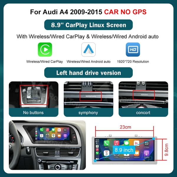 Auton multimedia-näyttö, langaton CarPlay, Android Auto,8.9 LHD AUTO EI GPS