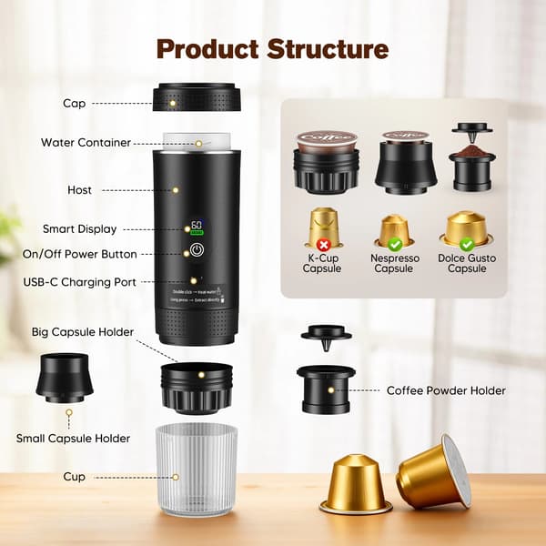 Mini Kaffemaskine, Bærbar Design, USB-C Drevet,sort
