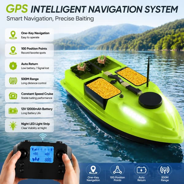 Fiskebåd, GPS-navigation, 12000mAh batteri,grøn