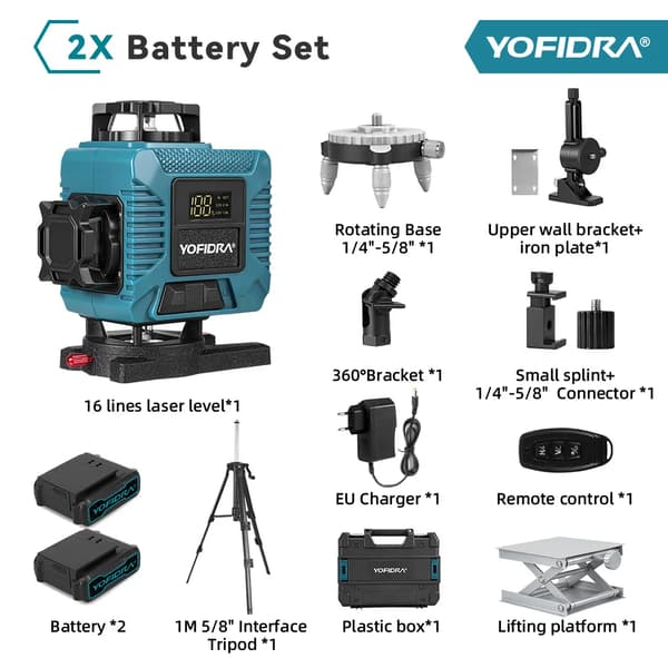 Lasernivå, 16 linjer, APP-fjärrkontroll, 2xBatteri Set